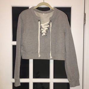 Lace Up Grey Long Sleeve Top Sz L